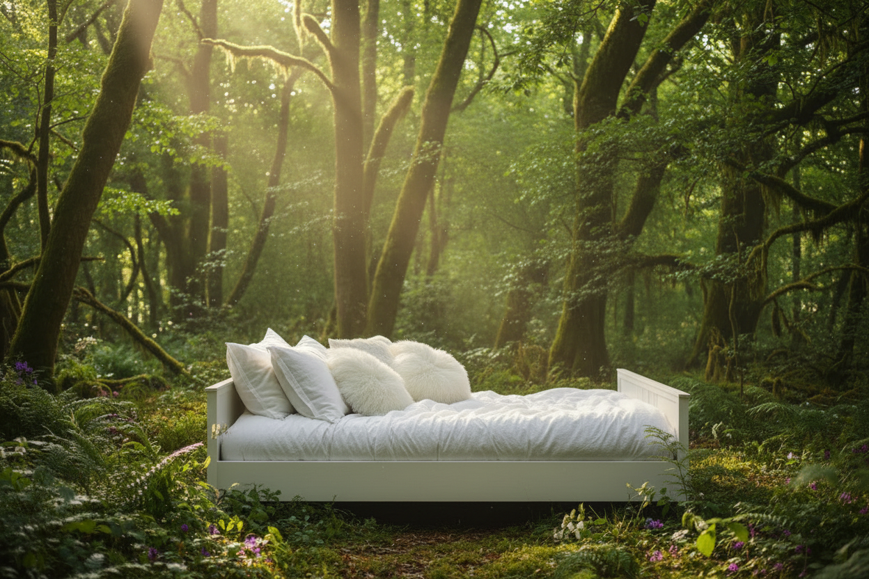 Letto minimalista bianco nella foresta